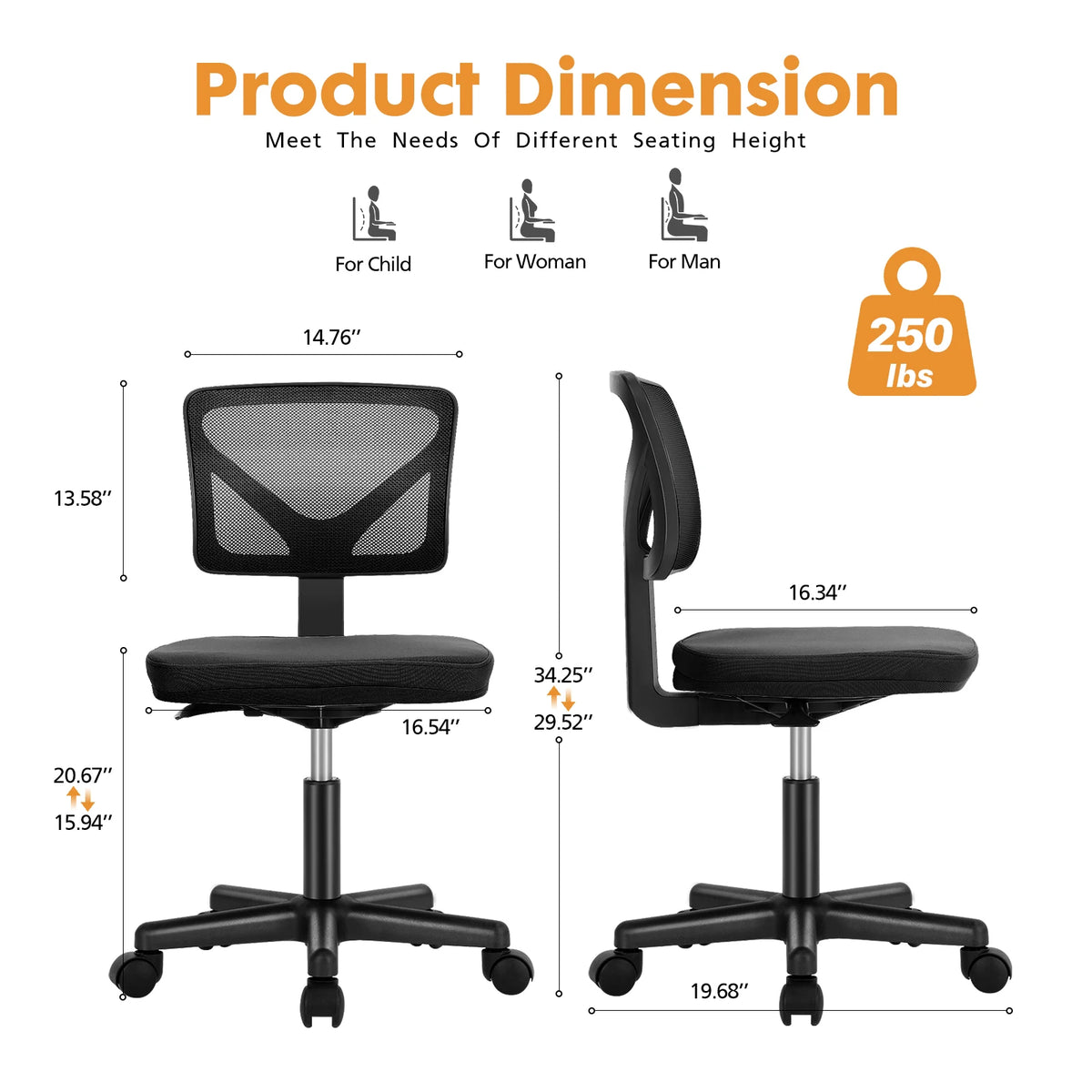 JHK Mesh Back Lumbar Support Armless Swivel Office Chair
