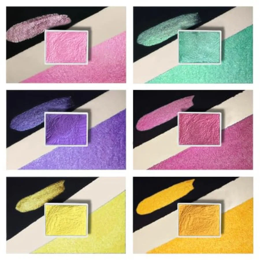 Art Supplies Handmade Watercolor Paint Set - 6 Metallic Gold Colors Half Pans Glitter Solid Water Color- Metal Case Sparkle Pea