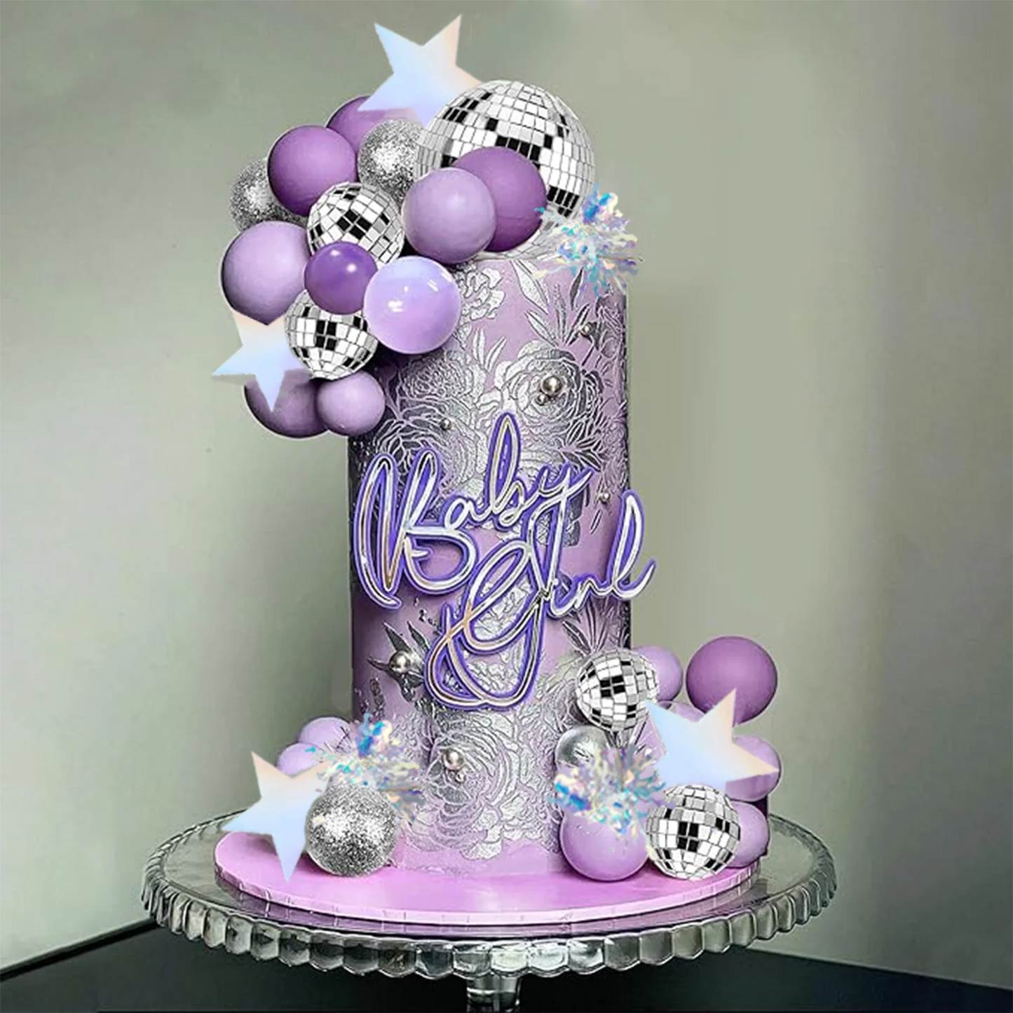 Purple Disco Ball Mirror Balls Cake Decorations with Silver Stars Cake Topper for Disco Dance Party Saturday Night Supplies