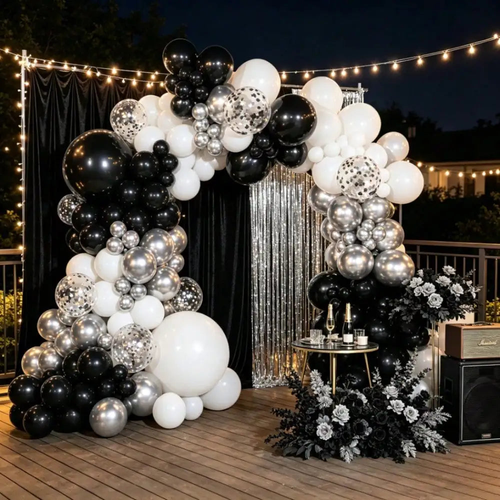 92pcs Black White Silver Balloon Garland Arch Kit, Metallic Silver Confetti Latex Balloons with Pump, for Birthday Wedding Graduation Baby Shower Party Photo Backdrop Decor Supplies