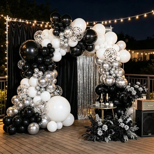 92pcs Black White Silver Balloon Garland Arch Kit, Metallic Silver Confetti Latex Balloons with Pump, for Birthday Wedding Graduation Baby Shower Party Photo Backdrop Decor Supplies
