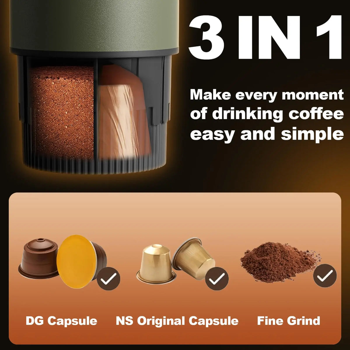 Portable Self Heating Espresso Maker for Coffee Grounds and Pods