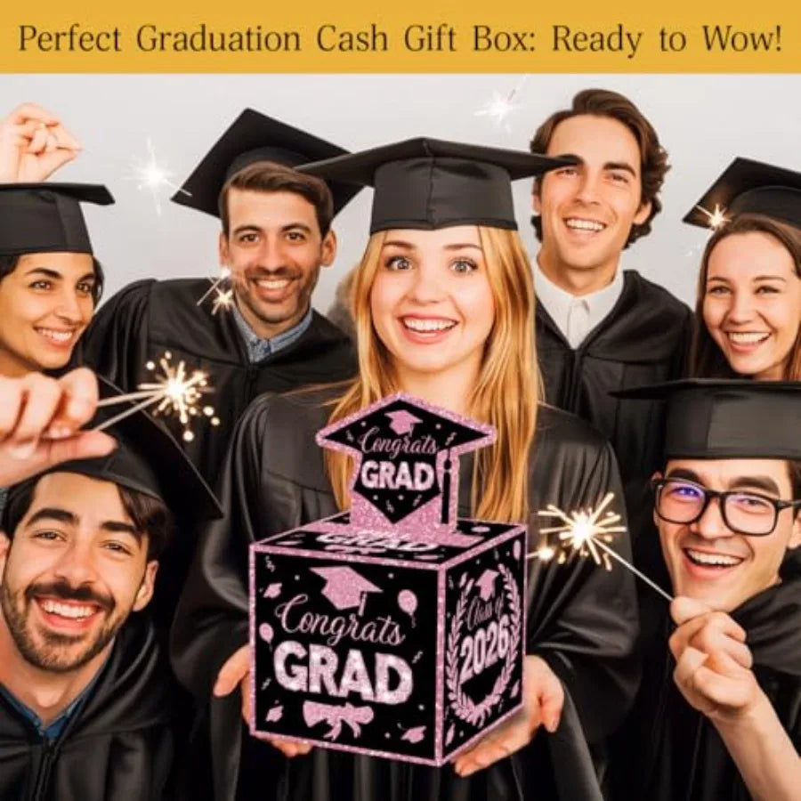 2026 Graduation Money Gifts Pull Box for Cash, Black and Pink Class of 2026 Graduation Money Holder for Grad Party