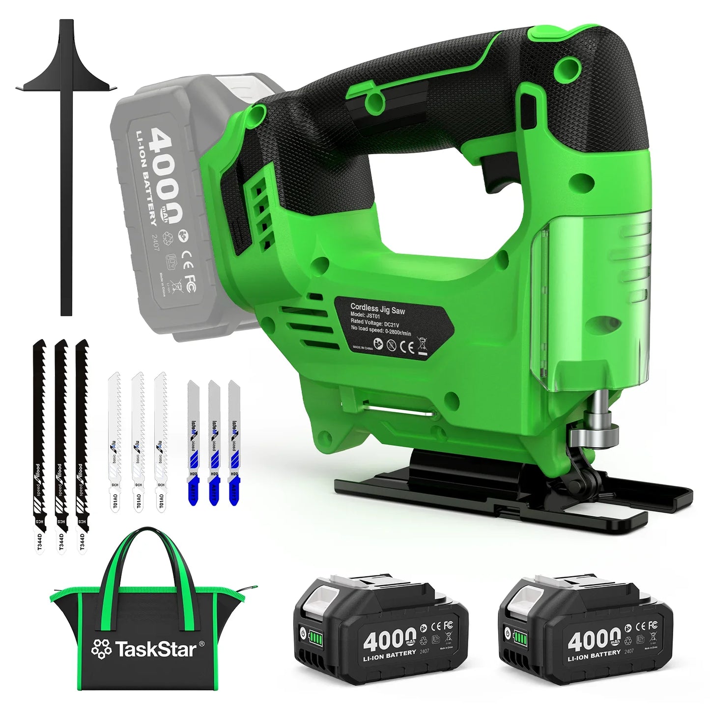 Taskstar Cordless Jig Saw Tool & Electric Brushless Angle Grinder Polishing Cutting Machine 9 Blades 0–45° Bevel Cutting 4 Orbital Setting Lightweight Electric Jigsaw Straight Curved Cuts Battery Powered Tool Set With 2x4.