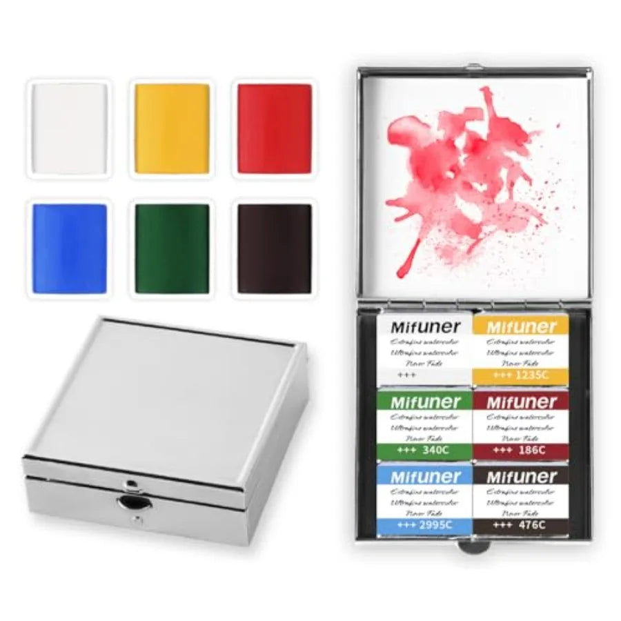 Art Supplies Handmade Watercolor Paint Set - 6 Metallic Gold Colors Half Pans Glitter Solid Water Color- Metal Case Sparkle Pea
