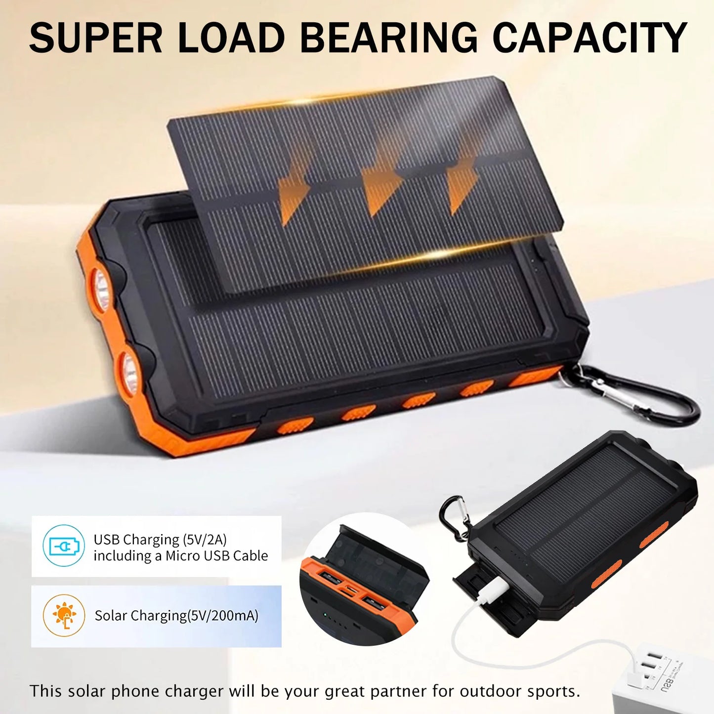 20000mAh Solar Charger Waterproof Power Bank With Dual USB Ports LED Flashlight