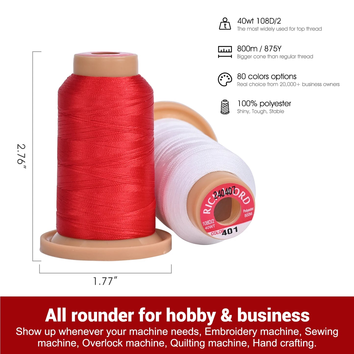 Richword Embroidery Thread Kit 40 Pcs 800M Polyester