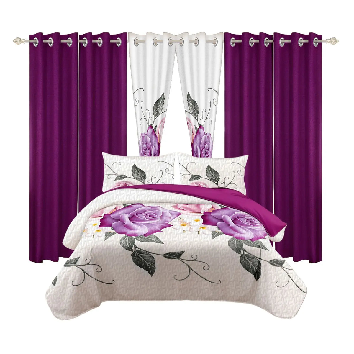 Quilted Microfiber Bedspread With Rose Print Sheer Curtain Set