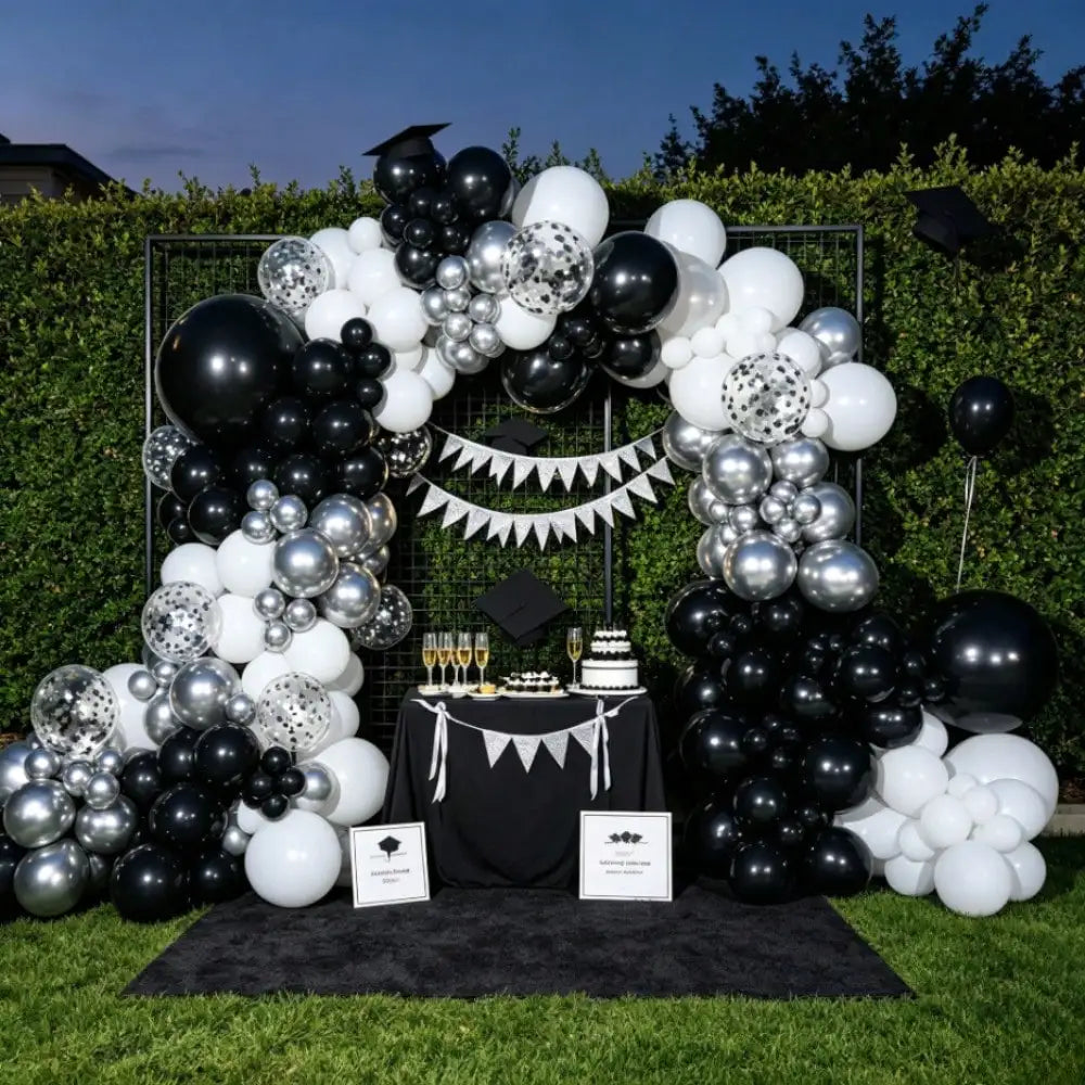 92pcs Black White Silver Balloon Garland Arch Kit, Metallic Silver Confetti Latex Balloons with Pump, for Birthday Wedding Graduation Baby Shower Party Photo Backdrop Decor Supplies