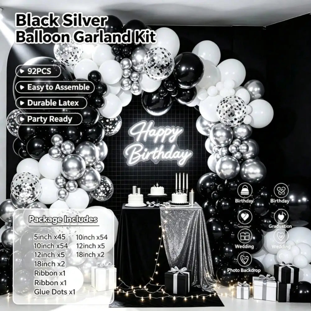 92pcs Black White Silver Balloon Garland Arch Kit, Metallic Silver Confetti Latex Balloons with Pump, for Birthday Wedding Graduation Baby Shower Party Photo Backdrop Decor Supplies