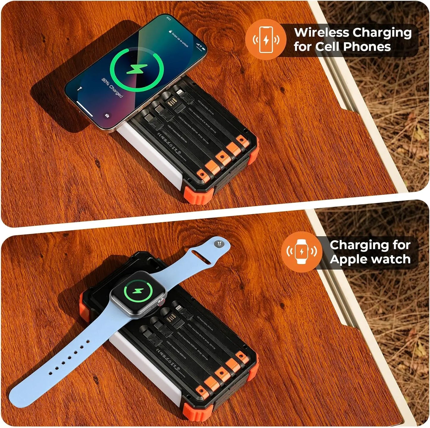 Solar Power Bank 20000mAh With Built In Cables And Wireless Charger Apple Watch