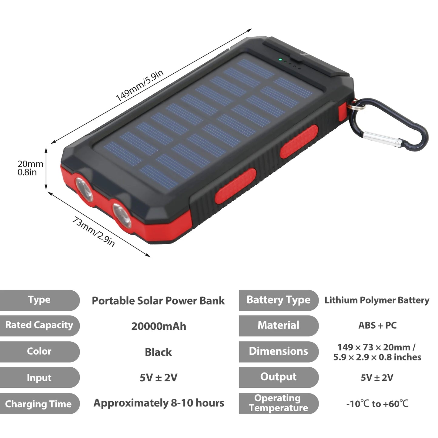20000mAh Solar Charger Waterproof Power Bank With Dual USB Ports LED Flashlight