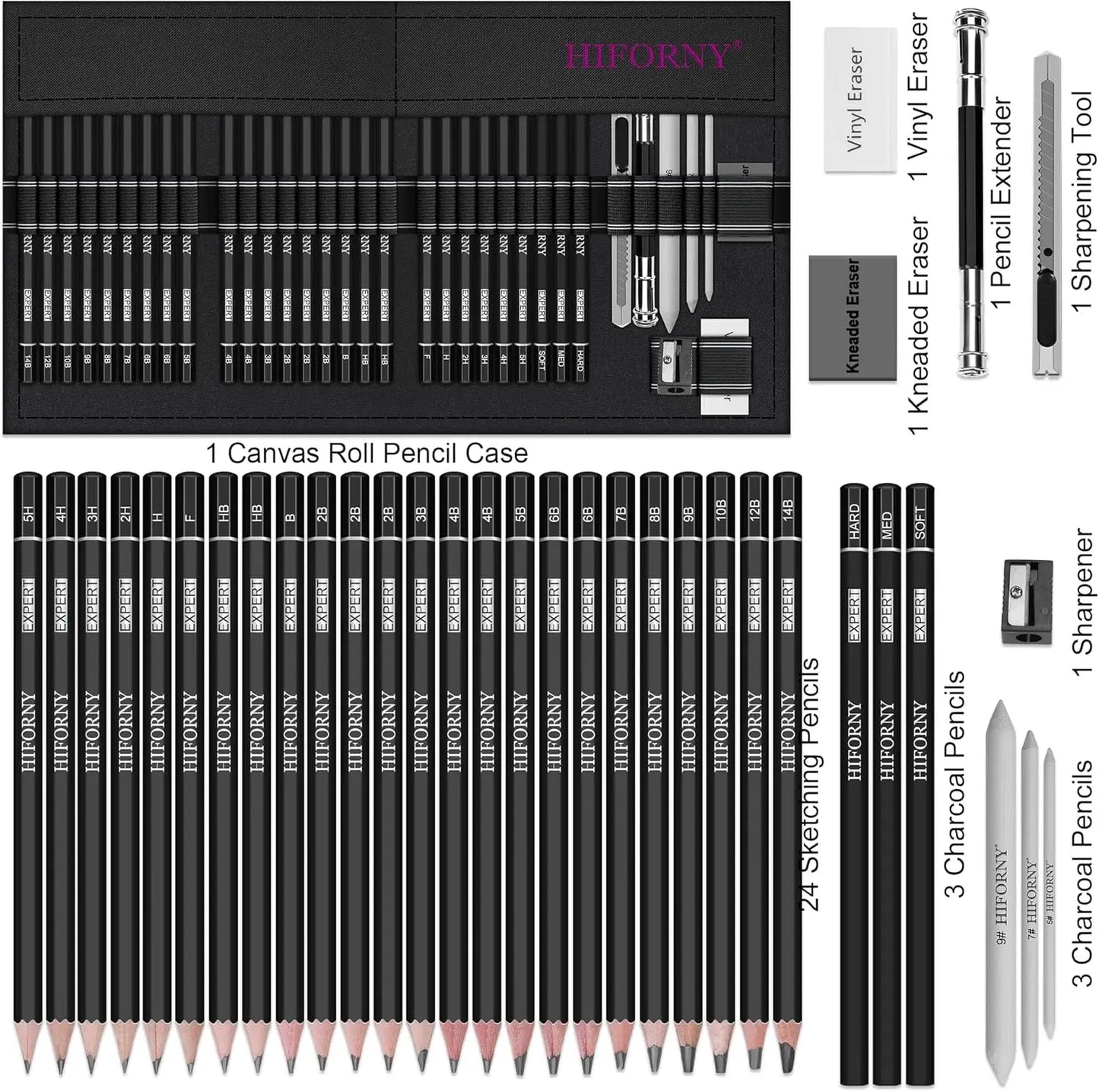 36 Piece Sketching Pencil Set Graphite Charcoal And Blending Tools