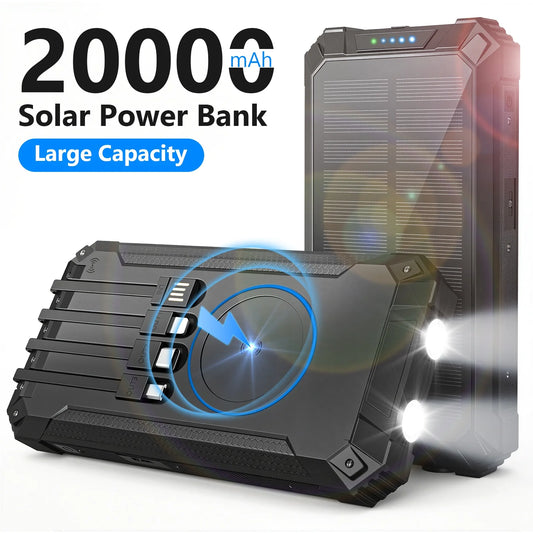 20000mAh Portable Solar Power Bank With Wireless Charging 18W Dual LED Lights