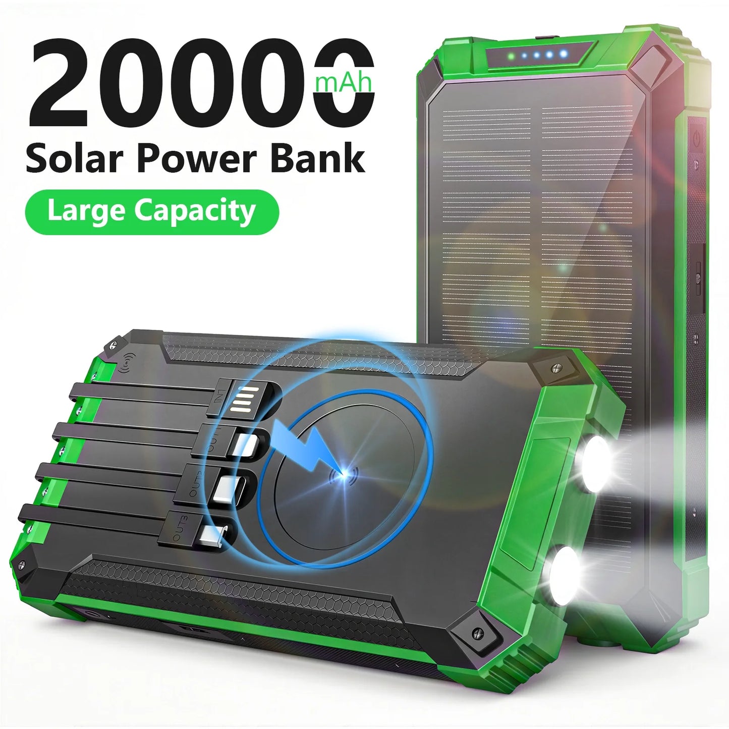 20000mAh Portable Solar Power Bank With Wireless Charging 18W Dual LED Lights
