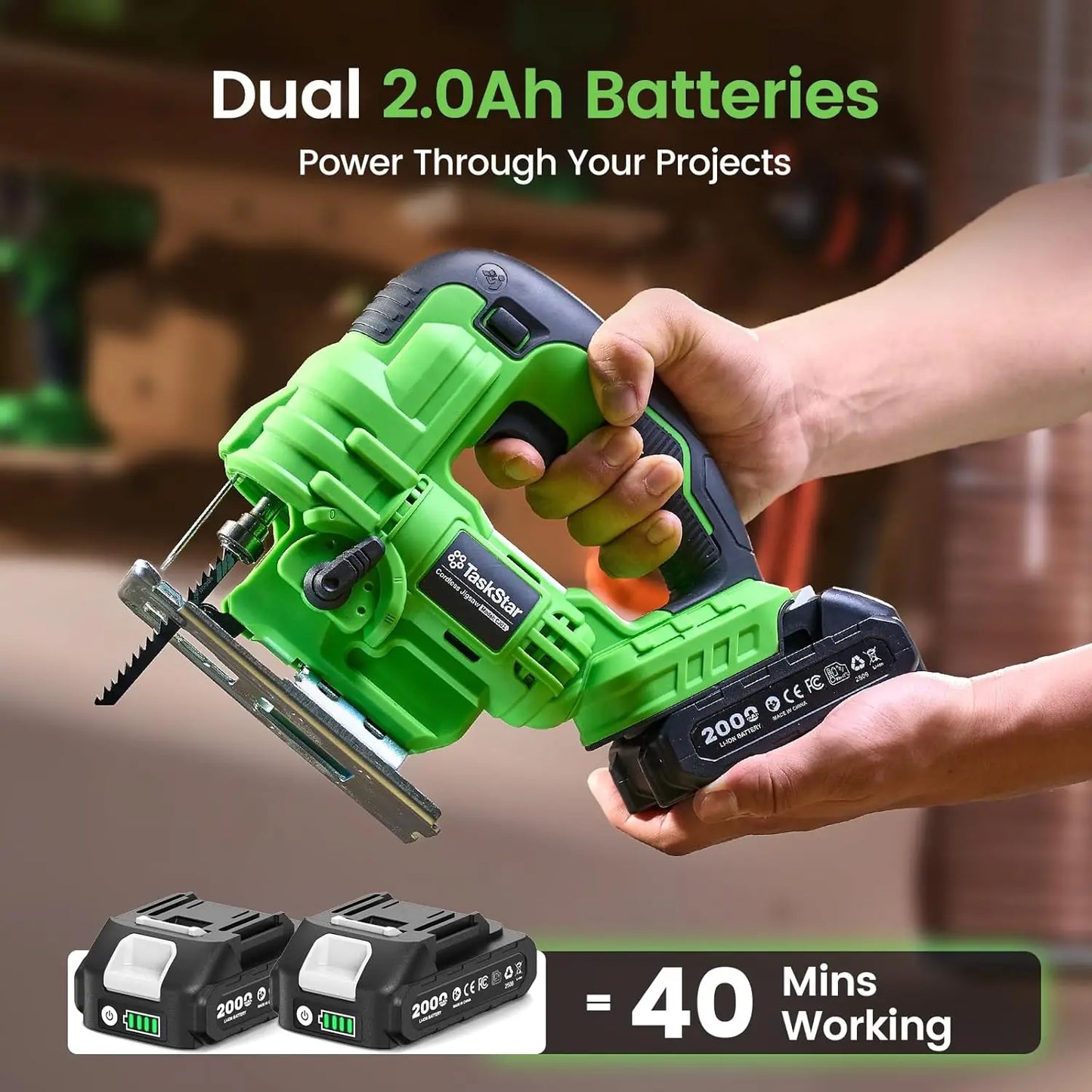 Taskstar Cordless Jig Saw Tool & Electric Brushless Angle Grinder Polishing Cutting Machine 9 Blades 0–45° Bevel Cutting 4 Orbital Setting Lightweight Electric Jigsaw Straight Curved Cuts Battery Powered Tool Set With 2x4.