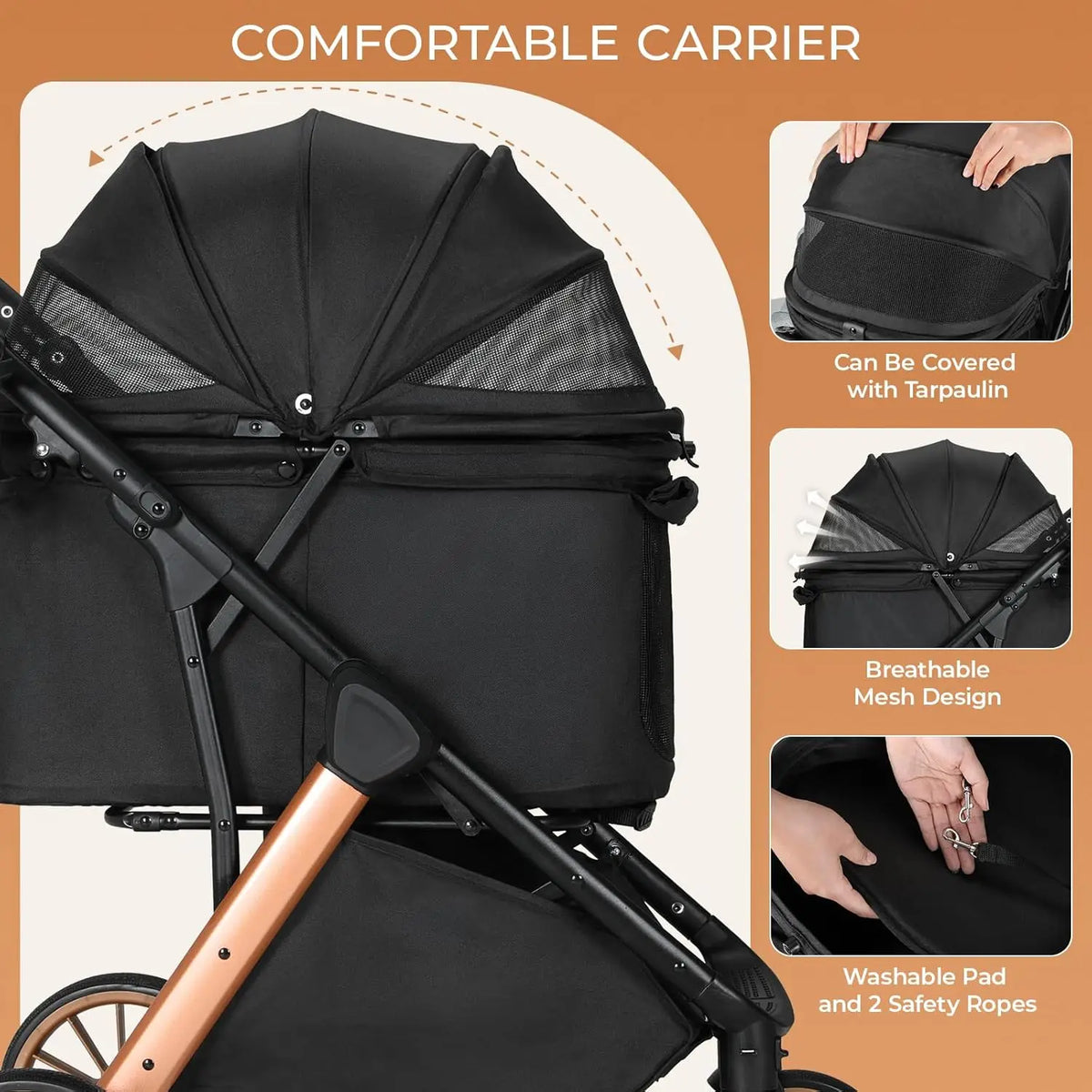 Foldable Pet Stroller For Medium Dogs With Adjustable Sun Shade