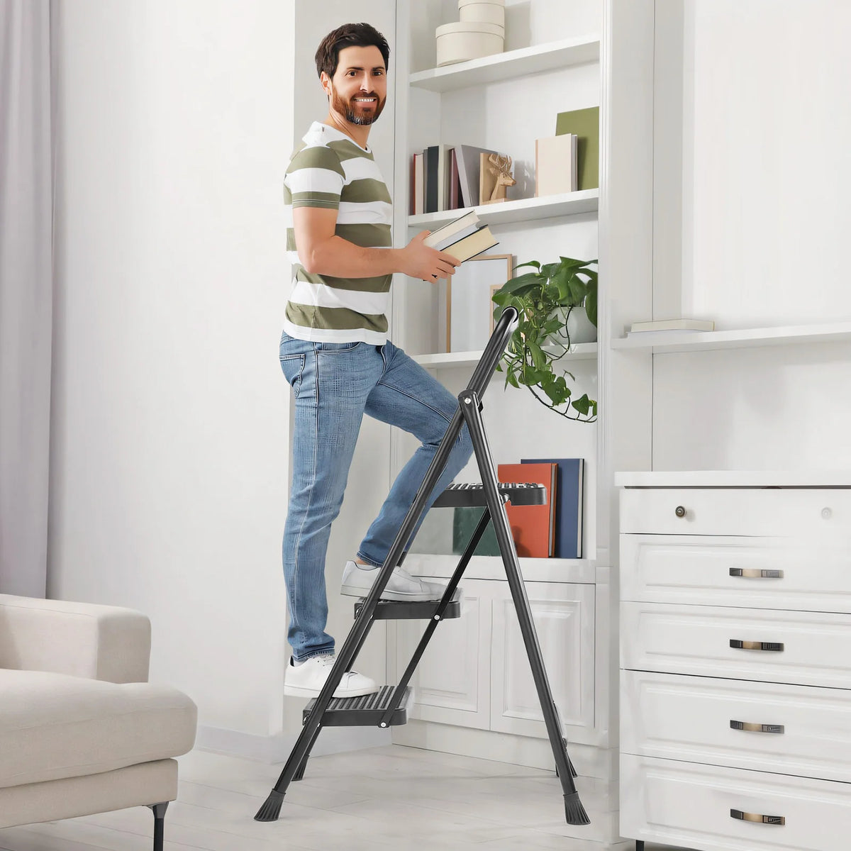 JHK Folding Steel Step Ladder Stool With Comfort Grip Handle