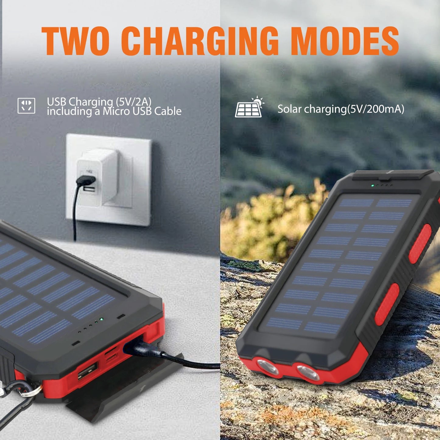 20000mAh Solar Charger Waterproof Power Bank With Dual USB Ports LED Flashlight