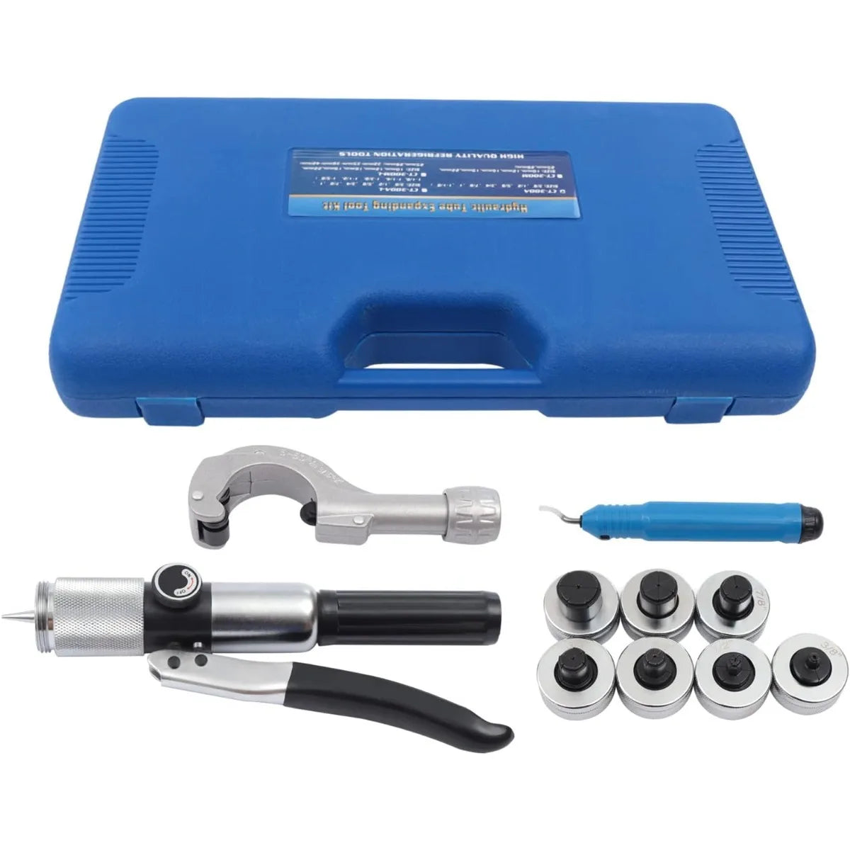 Hydraulic Tube Expander Tool,  Pipe Flaring Kit for Metalworking, 7 Interchangeable Heads （3/8'', 1/2'', 5/8'', 3/4'', 7/8'', 1'', 1-1/8''）, Strong Wear Resistance, Easy Installation, Industrial CNC Pipe Expansion