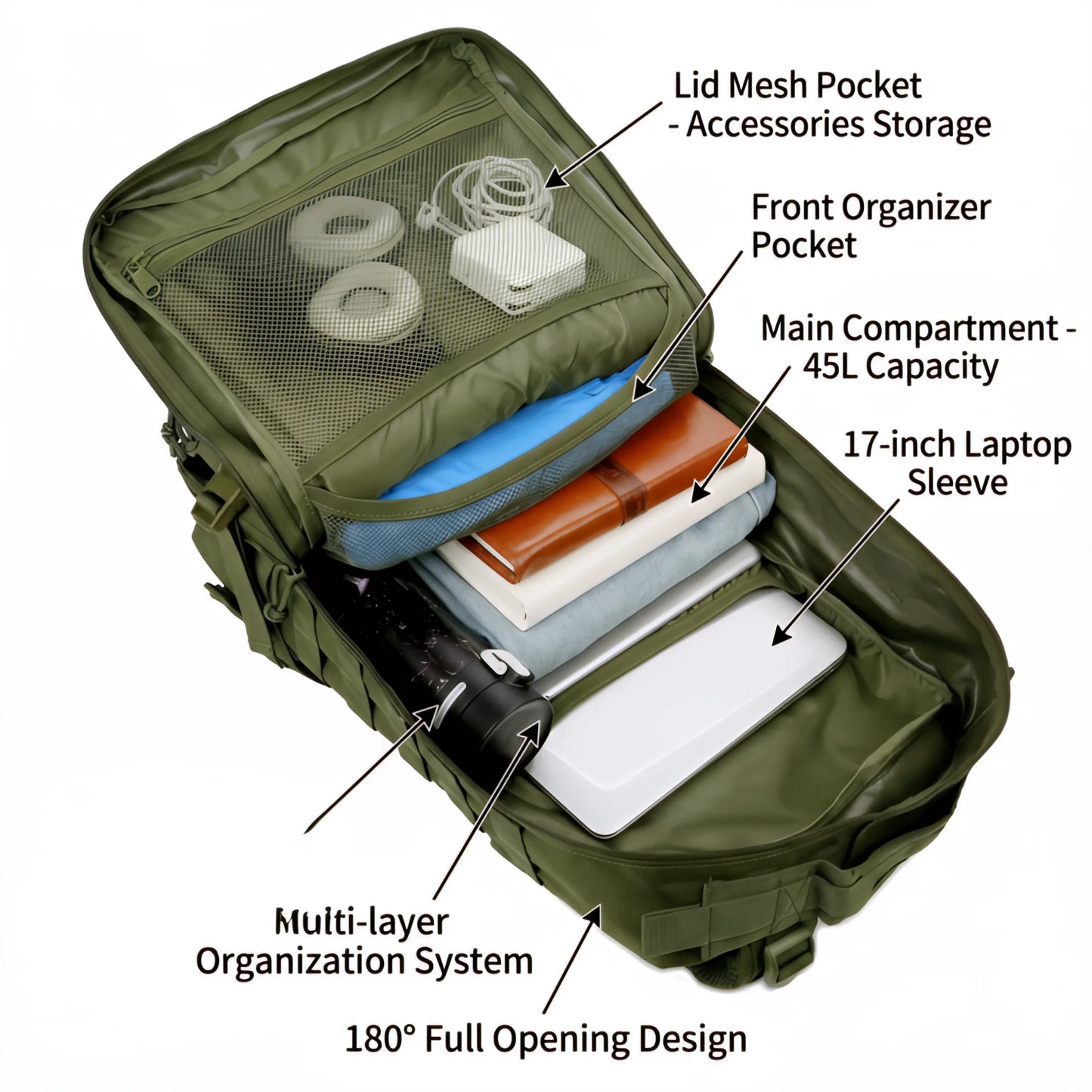 45L Tactical Travel Backpack Molle Storage Bag Large Capacity Multi Pocket Wear Resistant Camping Hiking Trekking Rucksack Durable Outdoor Mountain Climbing Daypack For Men Women Travellers Bushcraft Wilderness Trip Daily Com
