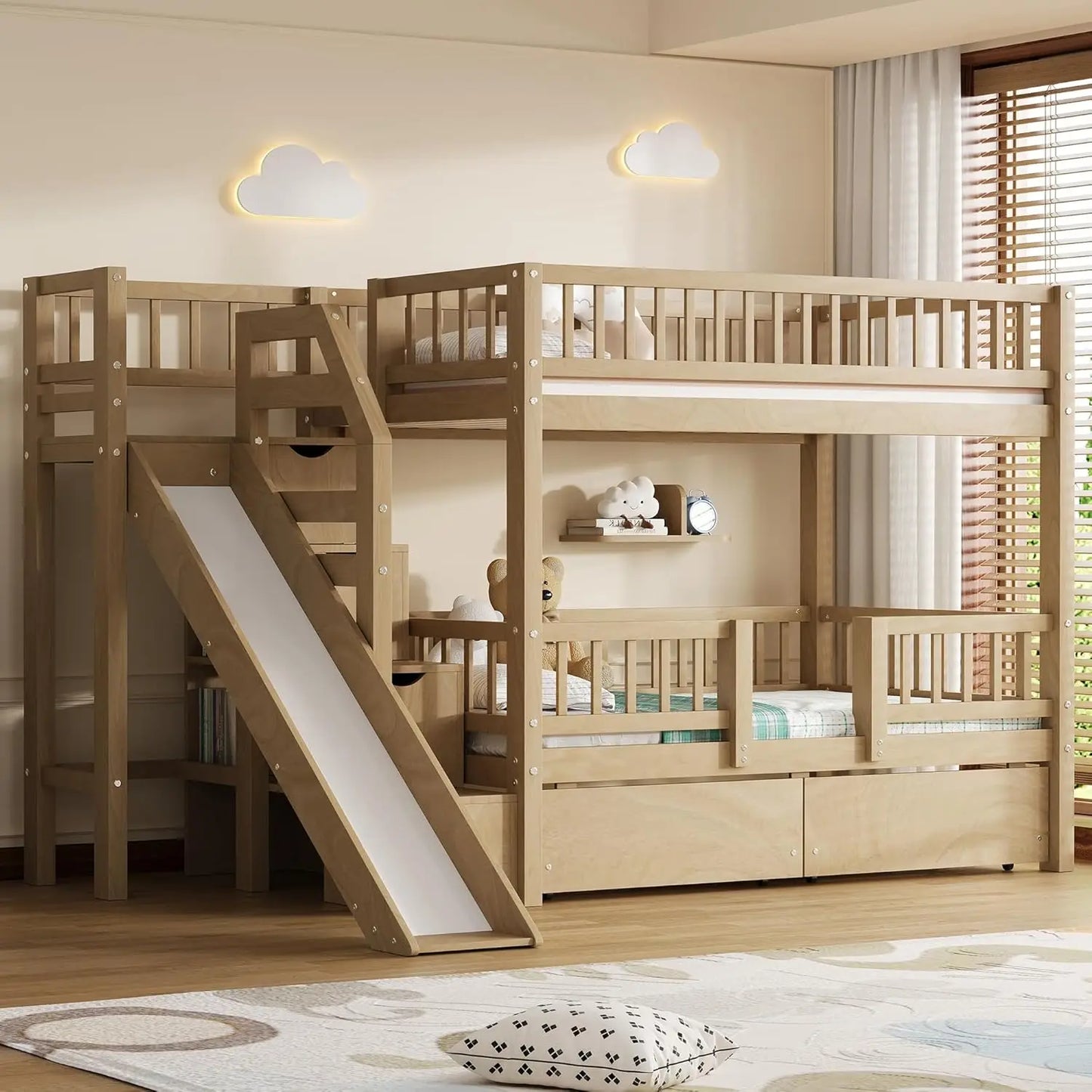 Bunk Bed With Slide Storage Drawers Staircase In Pine Wood