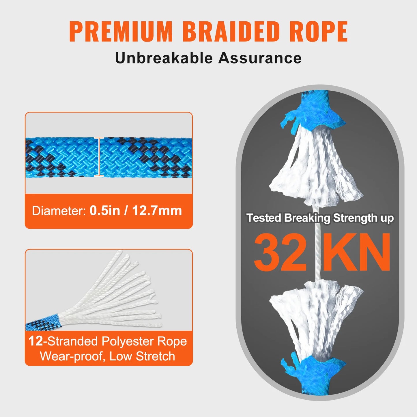SucceBuy 12.7mm Static Climbing Rope 125-200ft Outdoor Rock Climbing Rope 30KN Breaking Tension Fiber Rope w/ Steel Snap Hook