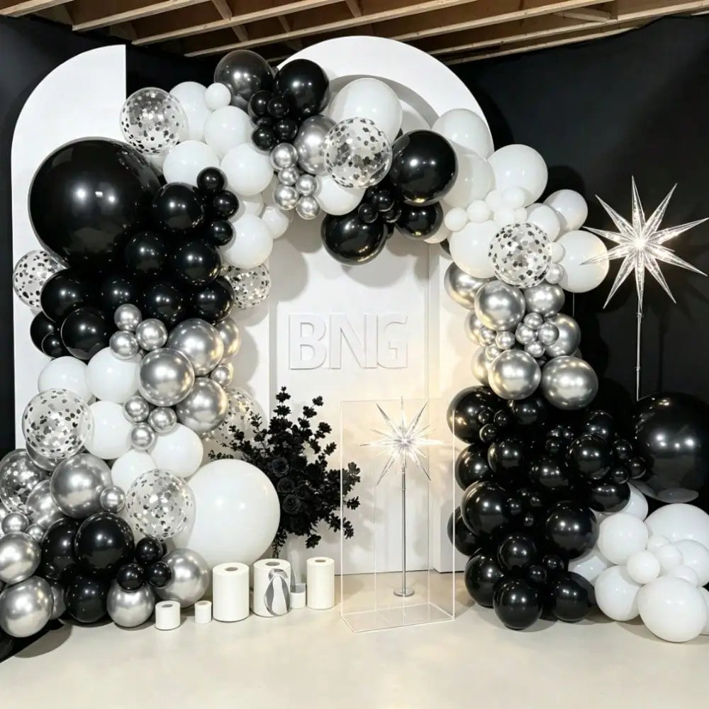 92pcs Black White Silver Balloon Garland Arch Kit, Metallic Silver Confetti Latex Balloons with Pump, for Birthday Wedding Graduation Baby Shower Party Photo Backdrop Decor Supplies