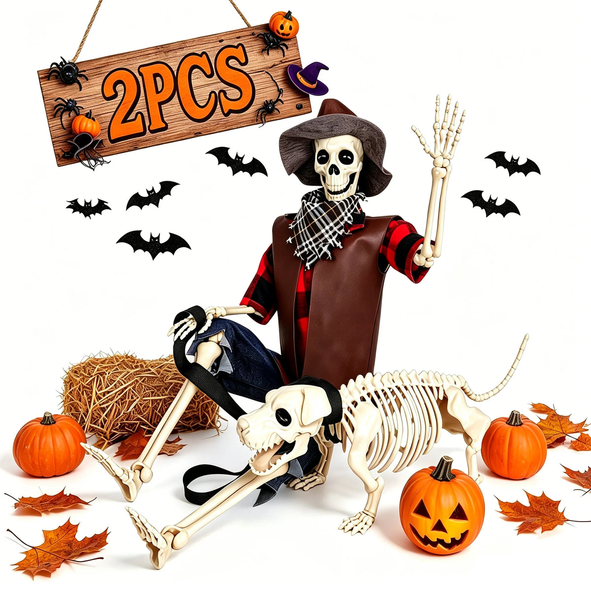 Posable Halloween Cowboy Skeleton With Plastic Dog Yard Decor Set