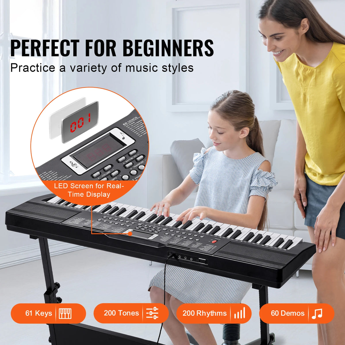 VEVOR 61 Key Digital Keyboard Piano Electric Portable Piano Keyboard 200Tones 200Rhythms or 600Tones 500 Rhythms for Beginner
