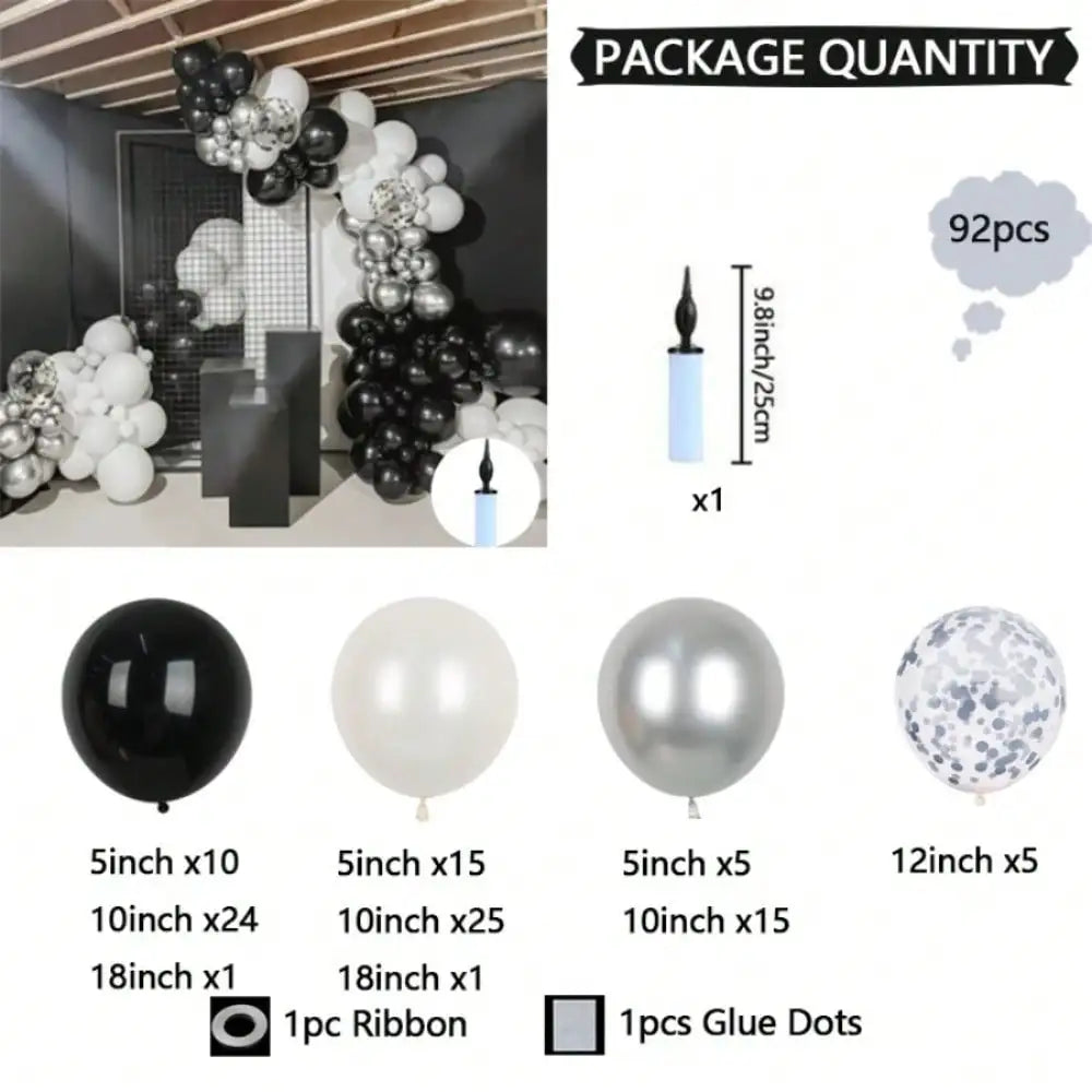 92pcs Black White Silver Balloon Garland Arch Kit, Metallic Silver Confetti Latex Balloons with Pump, for Birthday Wedding Graduation Baby Shower Party Photo Backdrop Decor Supplies