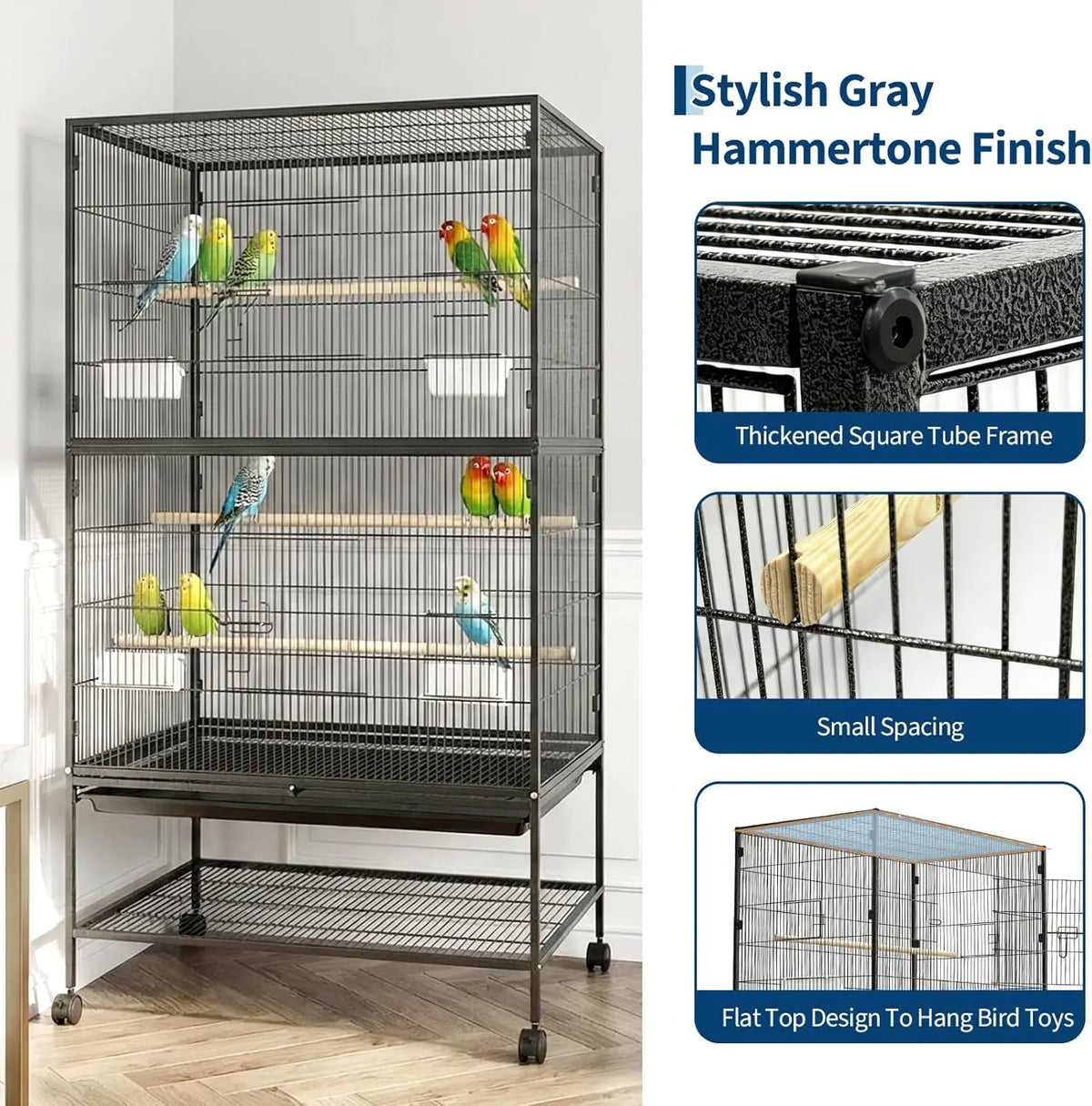 HiMiss Large Bird Cage With Rolling Stands And Feeding Bowls