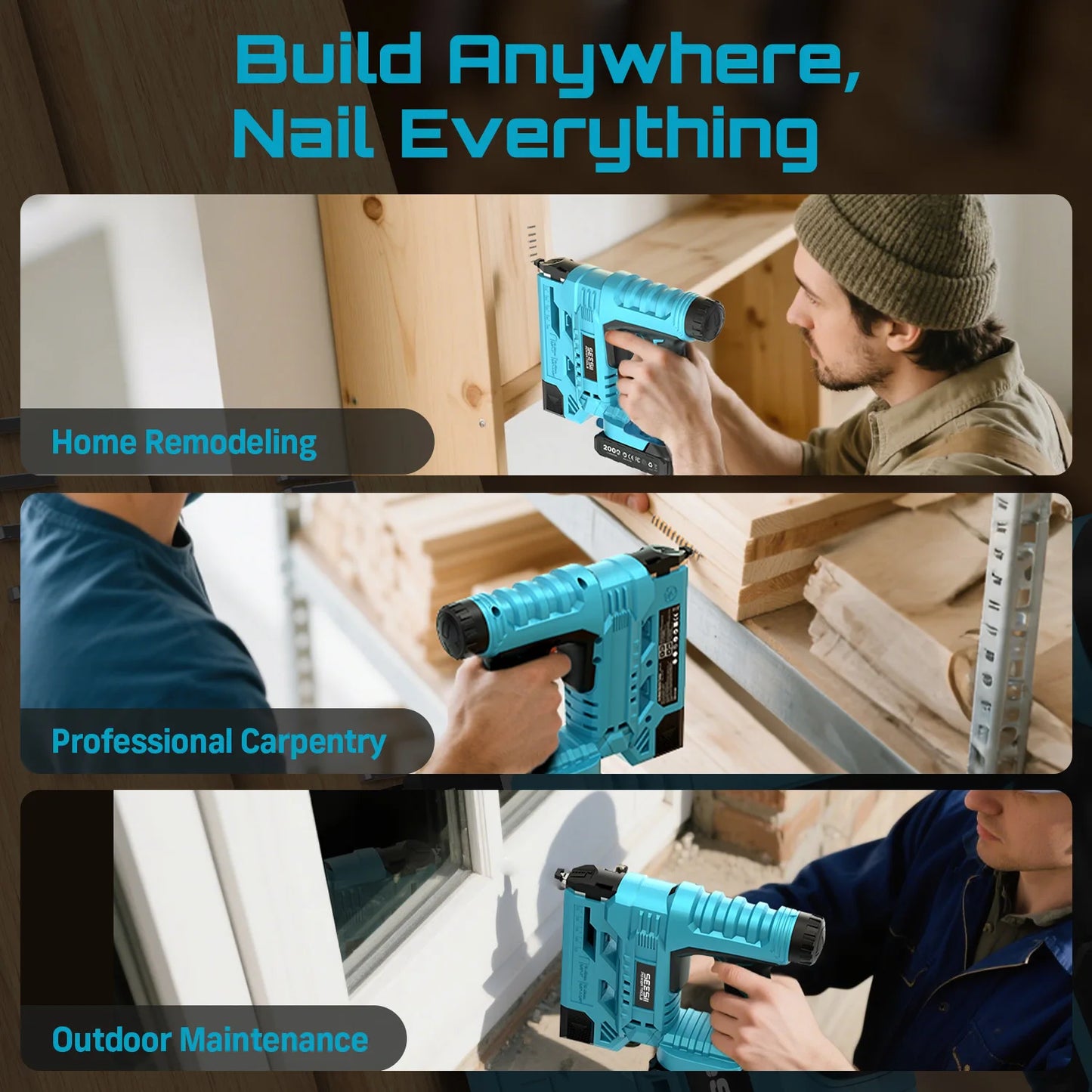 SEESII 18 Gauge Cordless Brad Nail Gun 1000 Brad Nails Cordless Stapler Framing Nailer Furniture Power Tool With 2pcs Battery