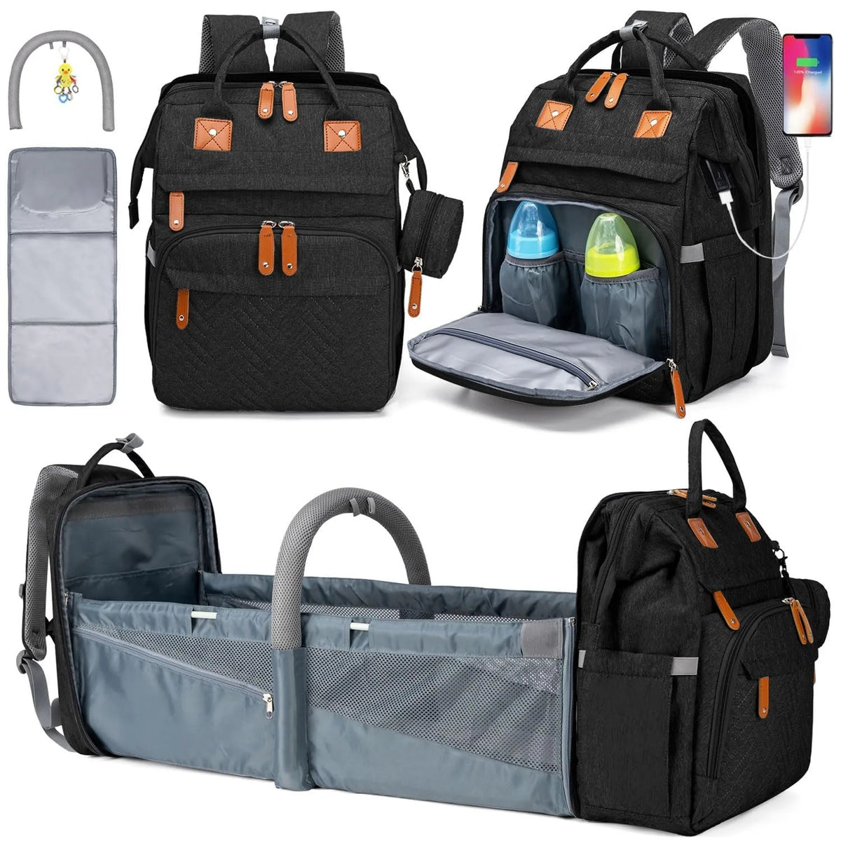 Multifunctional Diaper Backpack With Changing Bed And Insulated Bottle Pocket