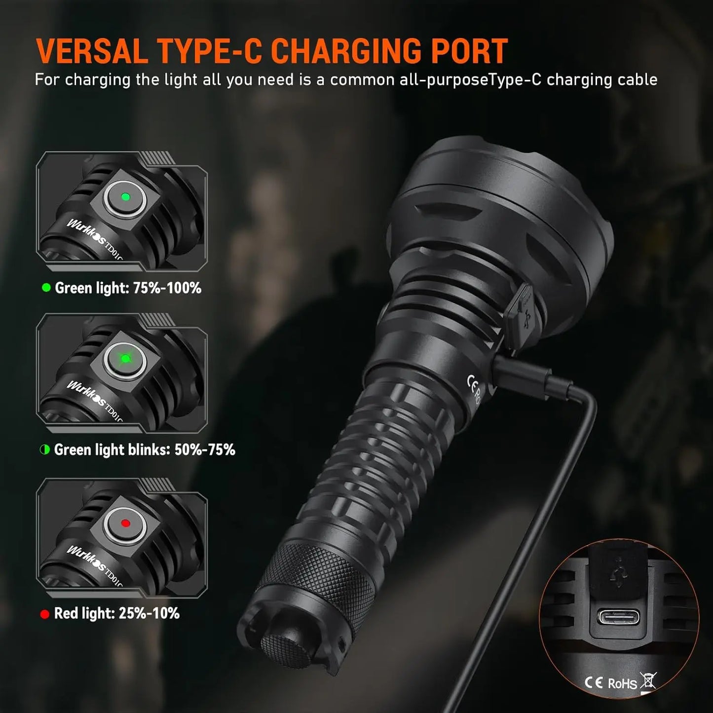 Wurkkos TD01C 21700 Tactical Flashlight USB Rechargeable 1800 Lumens Ultra-Long-Range Tail Switch LED Torch IPX-8