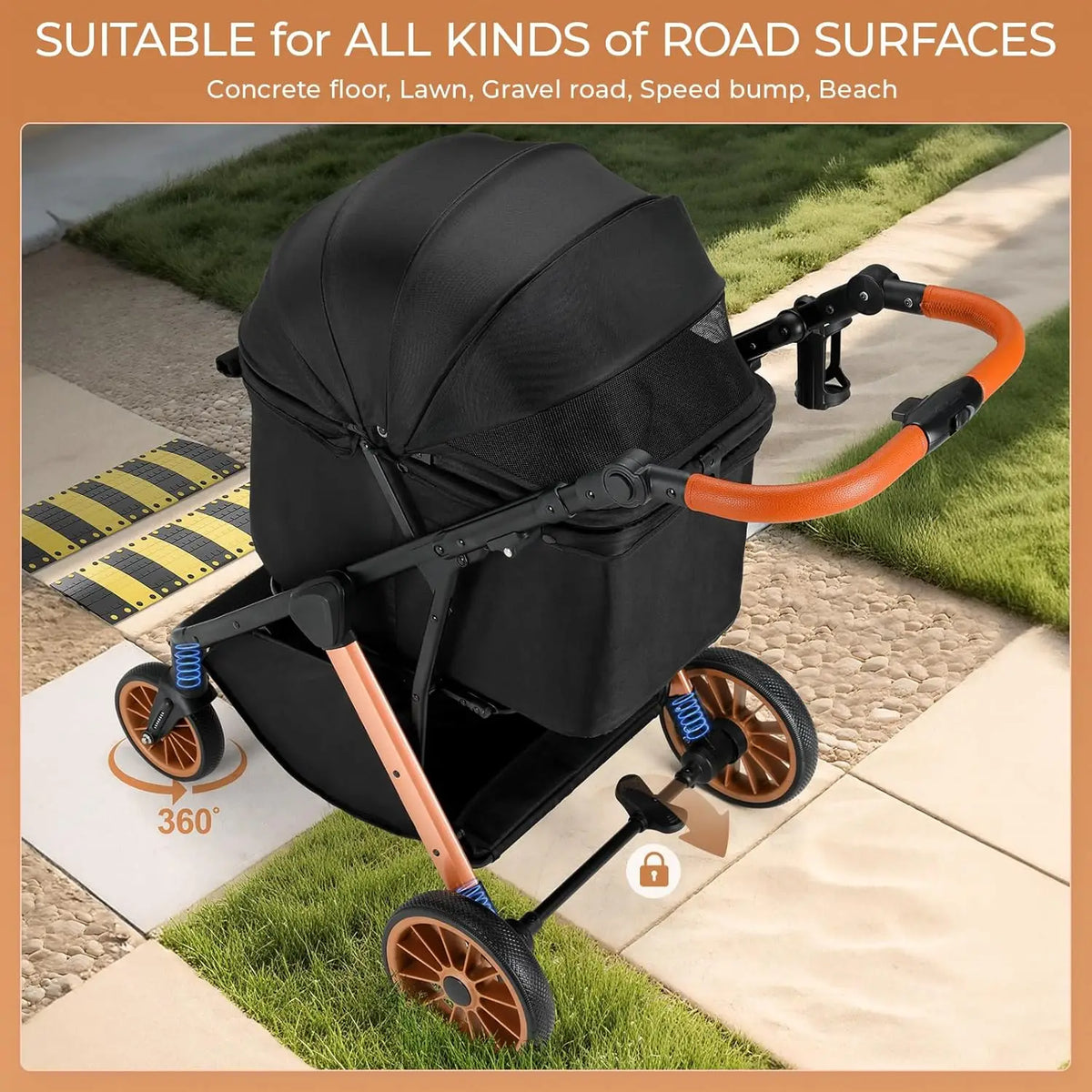 Foldable Pet Stroller For Medium Dogs With Adjustable Sun Shade