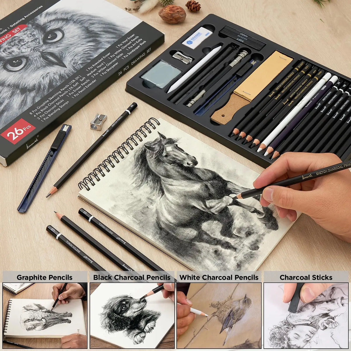 Professional Charcoal Pencils 26 Piece Drawing Sketching Set With Blending Tools