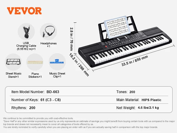 VEVOR 61 Key Digital Keyboard Piano Electric Portable Piano Keyboard 200Tones 200Rhythms or 600Tones 500 Rhythms for Beginner