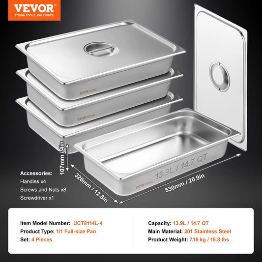 SucceBuy 4 Pack Stainless Steel Hotel Pans With Lid Steam Table Pan
