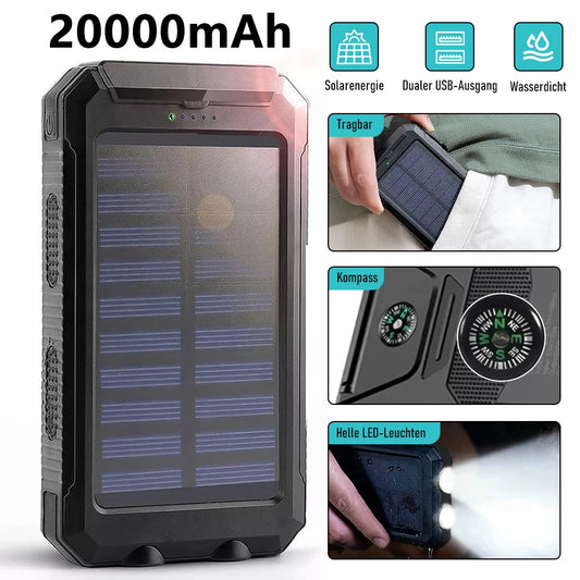 Portable 20000mAh Solar Power Bank IP67 Waterproof Dual USB Flashlight