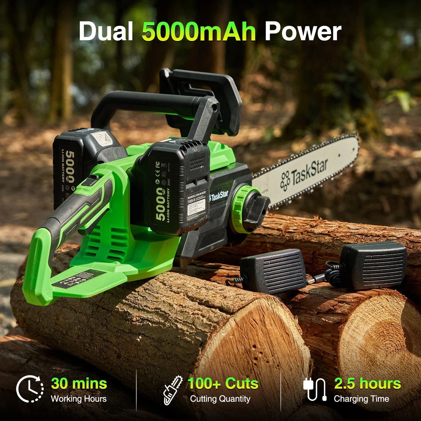 TaskStar 40V 16" Cordless Chainsaw With Auto-Oiler&Tool-Less Chain Tension 2x5.0Ah Batteries Powered Electric Saws For Logging