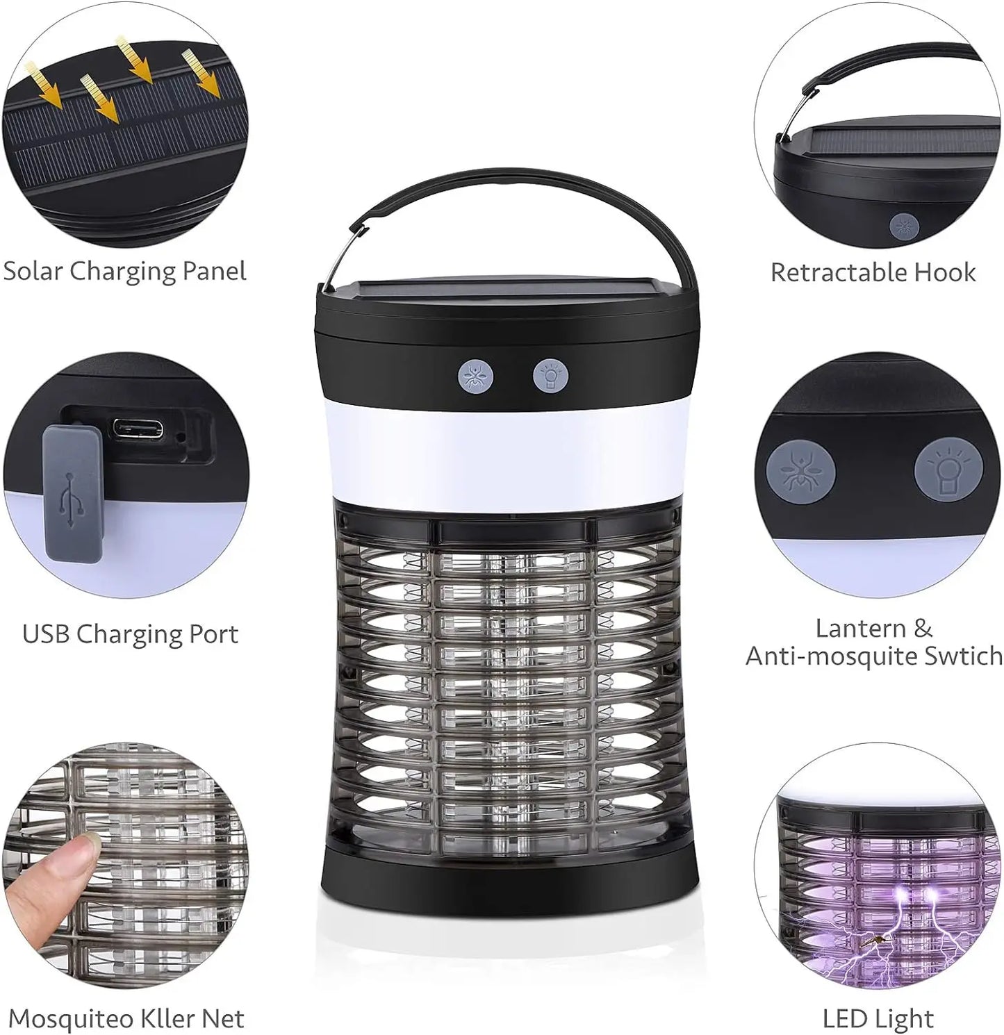 Bug Zapper Solar Mosquito Killer 3000V Rechargeable Indoor Outdoor