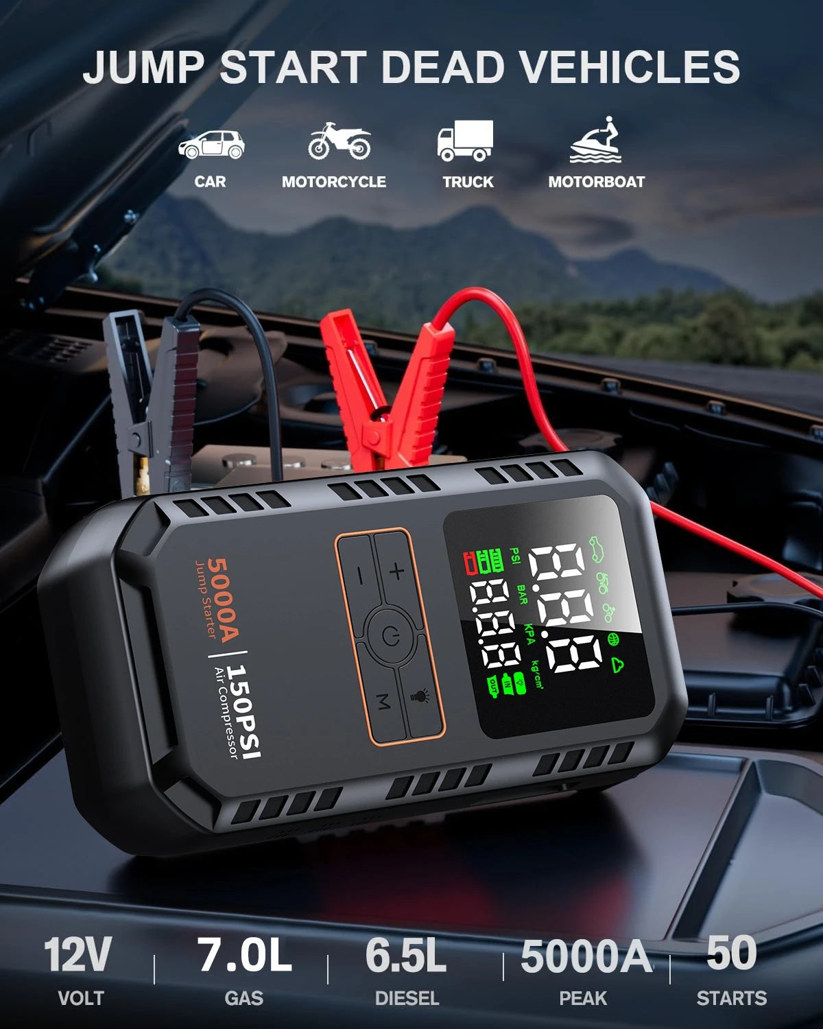 PAIVIROKU 4 In 1 Car Jump Starter Air Compressor 5000A Peak Tire Inflator