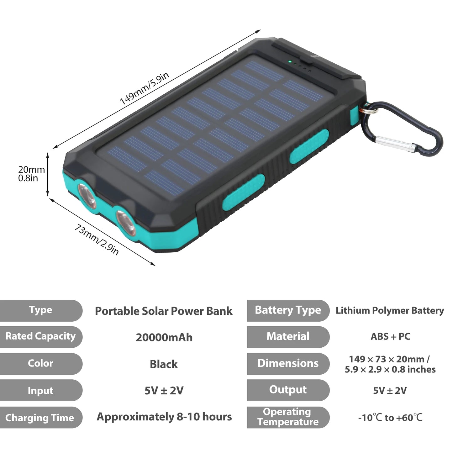 20000mAh Solar Charger Waterproof Power Bank With Dual USB Ports LED Flashlight