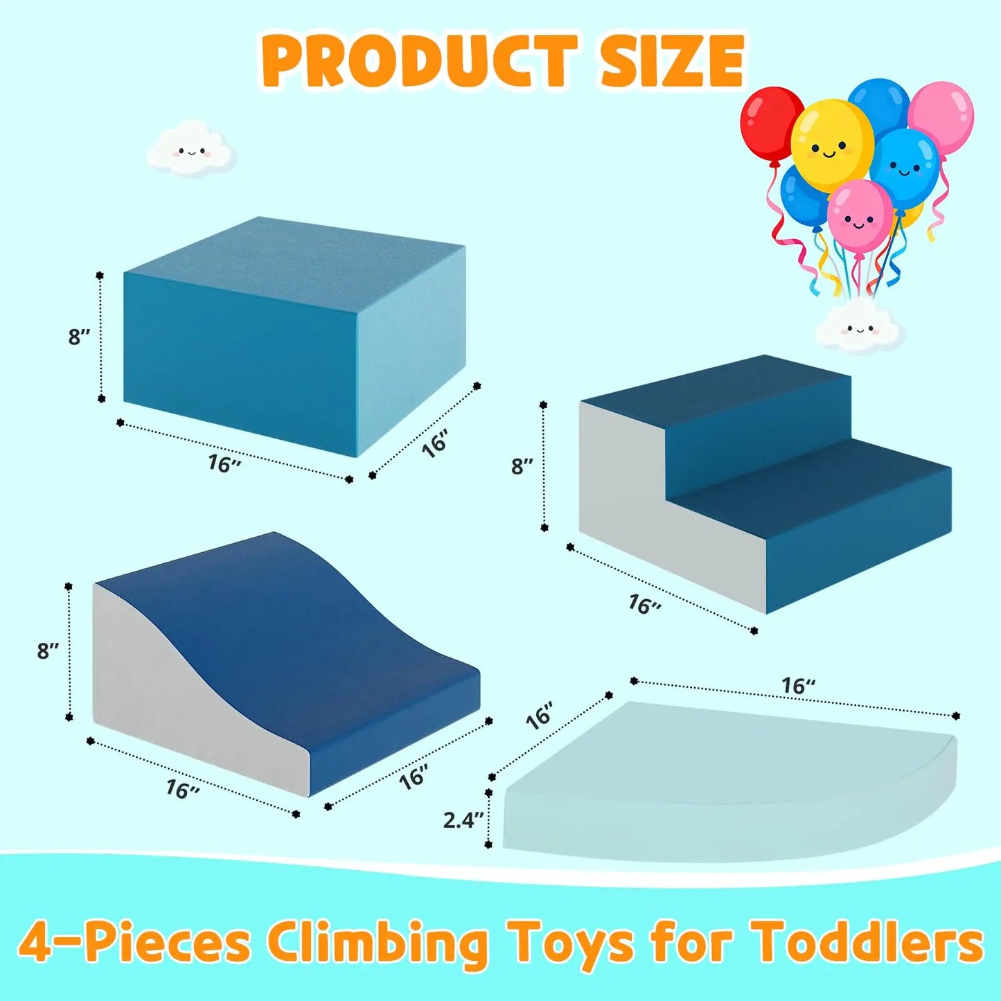Photo-Ready Toddler Soft Foam Climbing Set 4-Piece Height Adjustable Indoor Active Play Blocks For Crawling Sliding Easy Clean