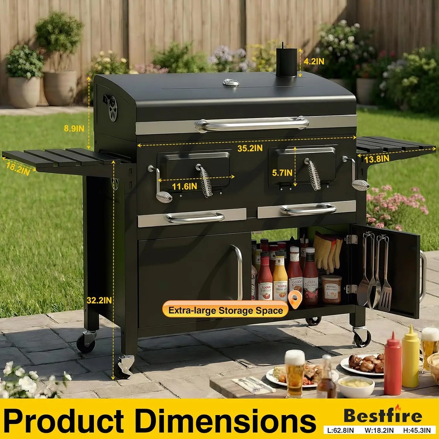 Charcoal BBQ Grill And Smoker With Dual Liftable Trays For Outdoor Backyard