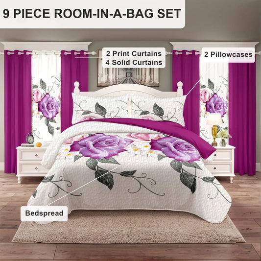 Quilted Microfiber Bedspread With Rose Print Sheer Curtain Set