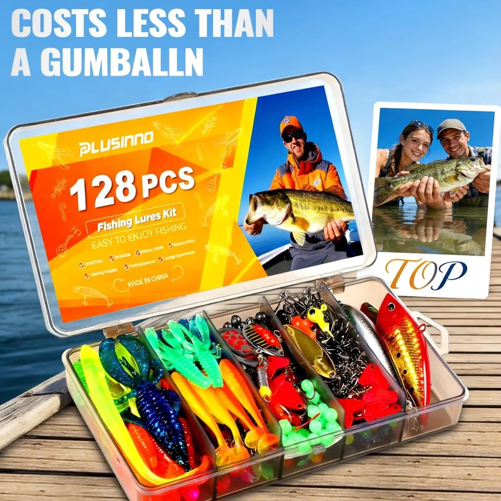 All In One Fishing Tackle Box Kit With 128 Lures And Accessories For Bass Trout