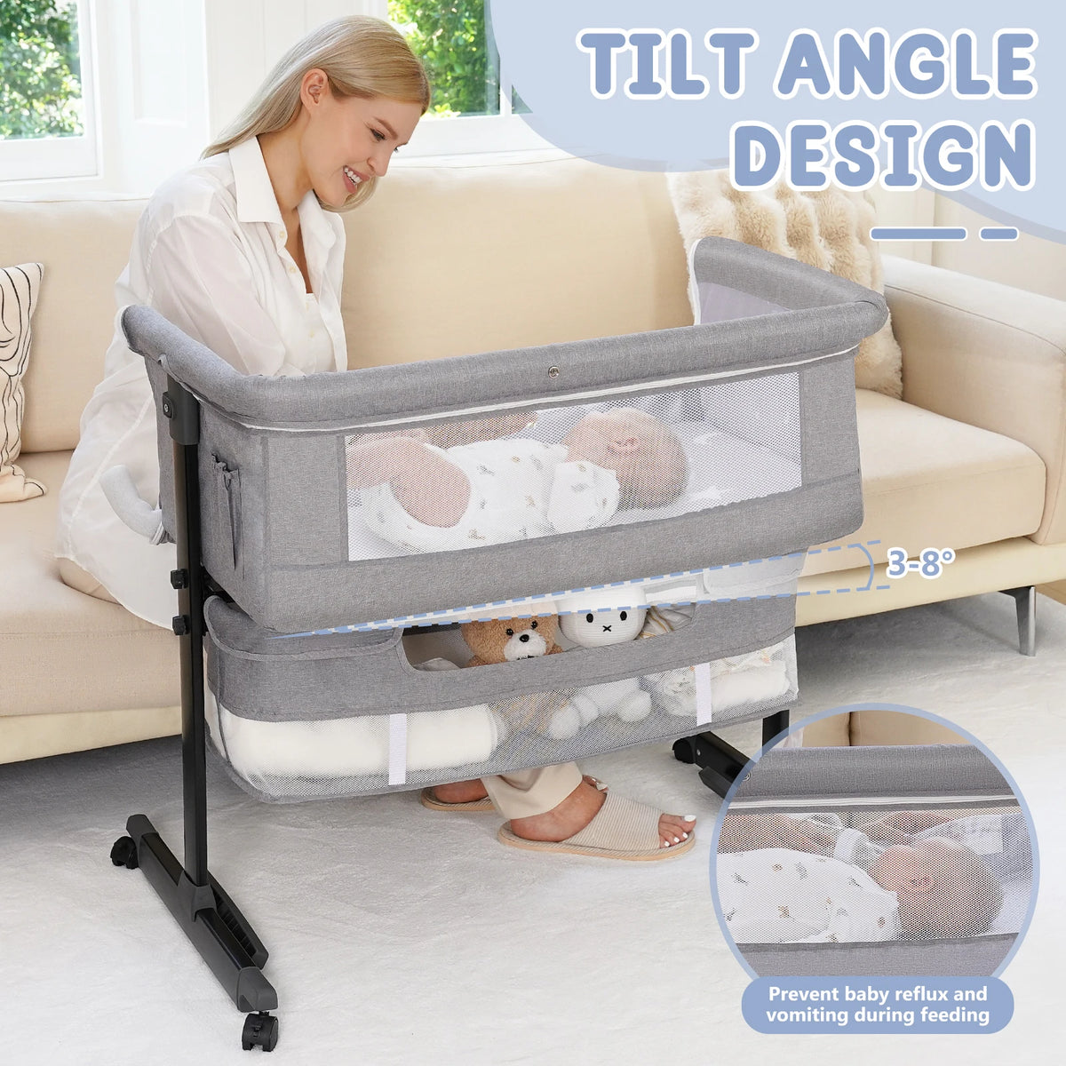 Multifunctional Baby Bedside Bassinet With Adjustable Folding Crib