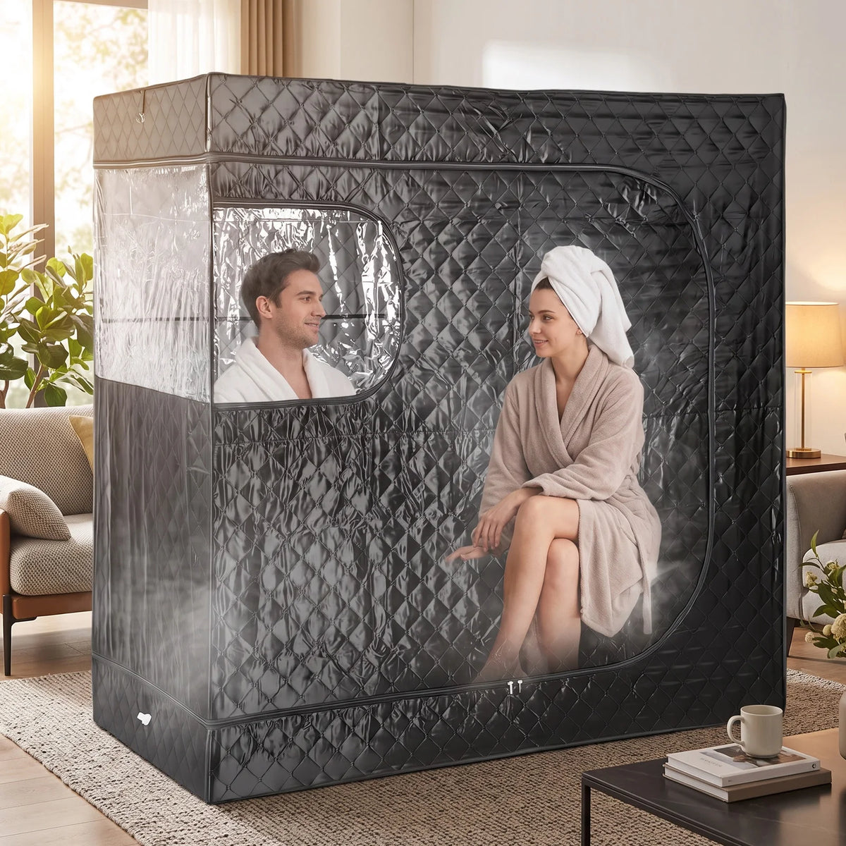 Portable Steam Sauna Tent 2 Person Sauna Extra Large 5 Layer Water-proof Sauna Room with 2 Steamers 2 Folding Chairs for Home